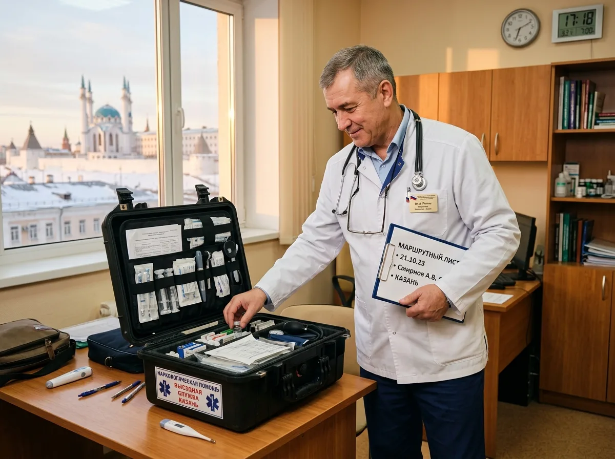 Врач-нарколог в белом халате с портативным медицинским чемоданом готовится к выезду на дом, Казань, тёплое профессиональное освещение
