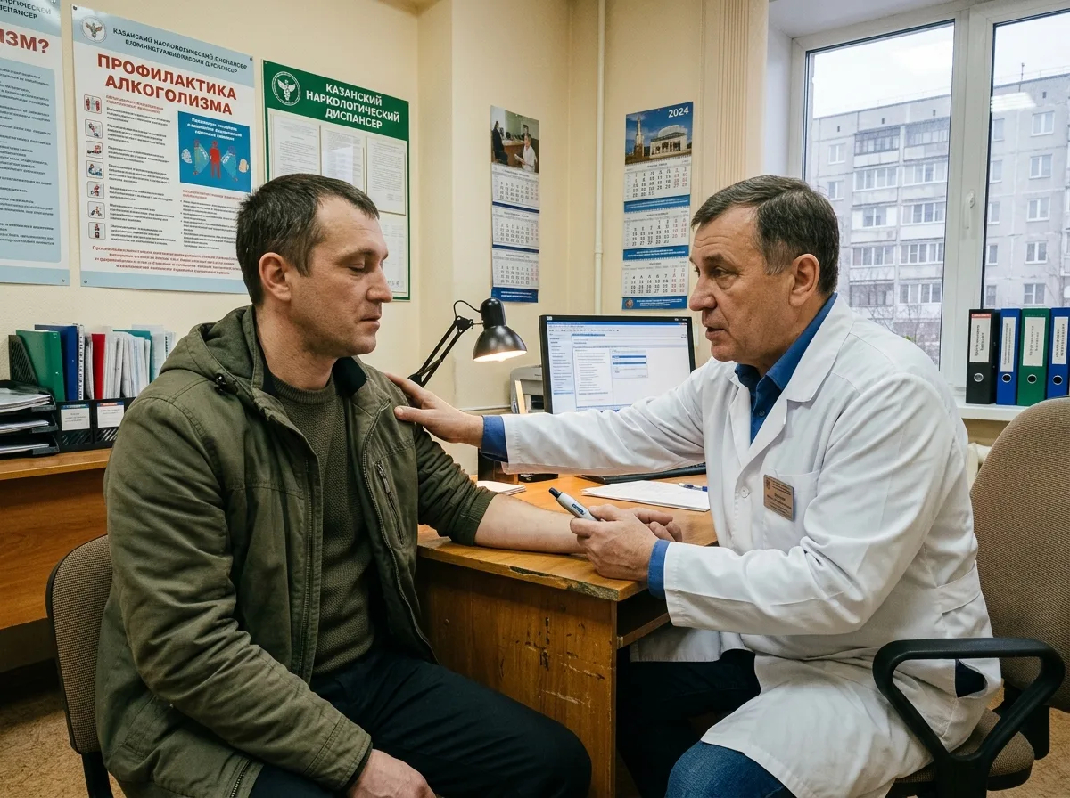 Врач-нарколог проводит процедуру кодирования от алкоголизма в кабинете клиники, медицинская обстановка, Казань